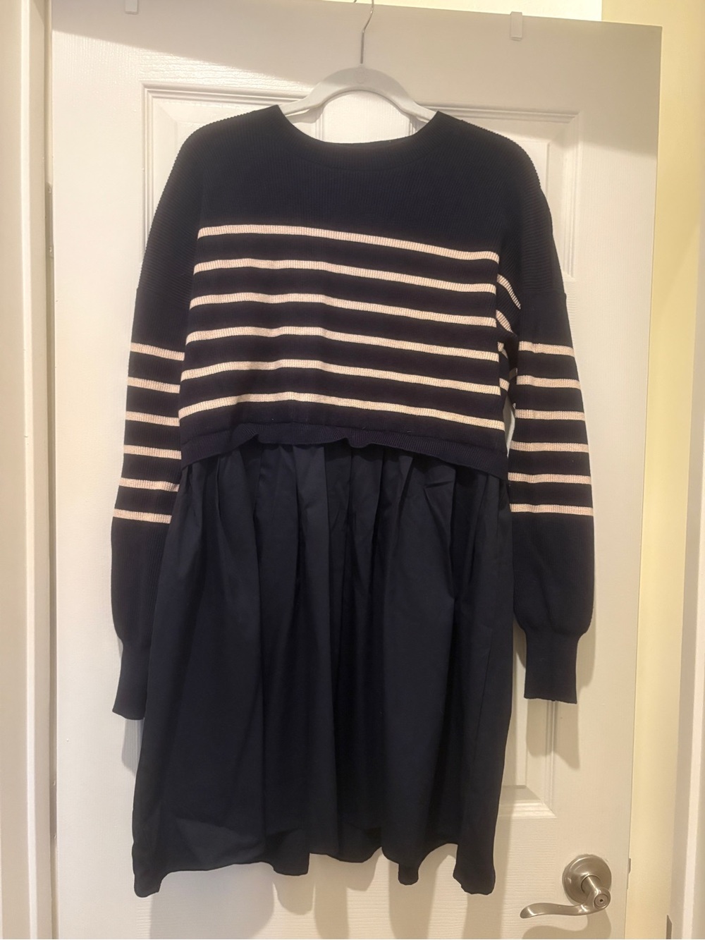 Sweater Dress Navy and Cream Striped Knit Dress with Pockets
